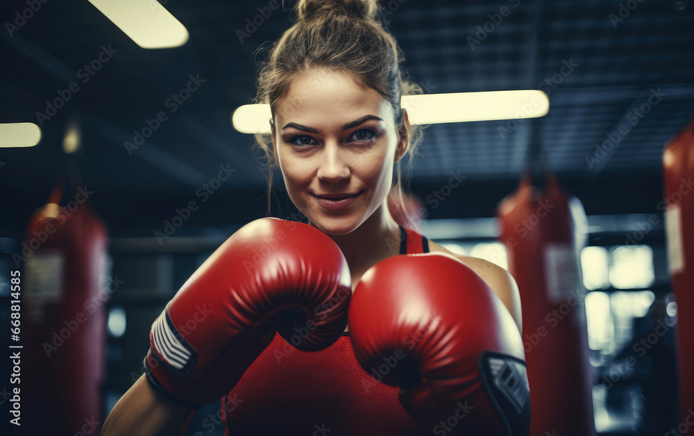 A young beautiful woman practicing boxing in the gym