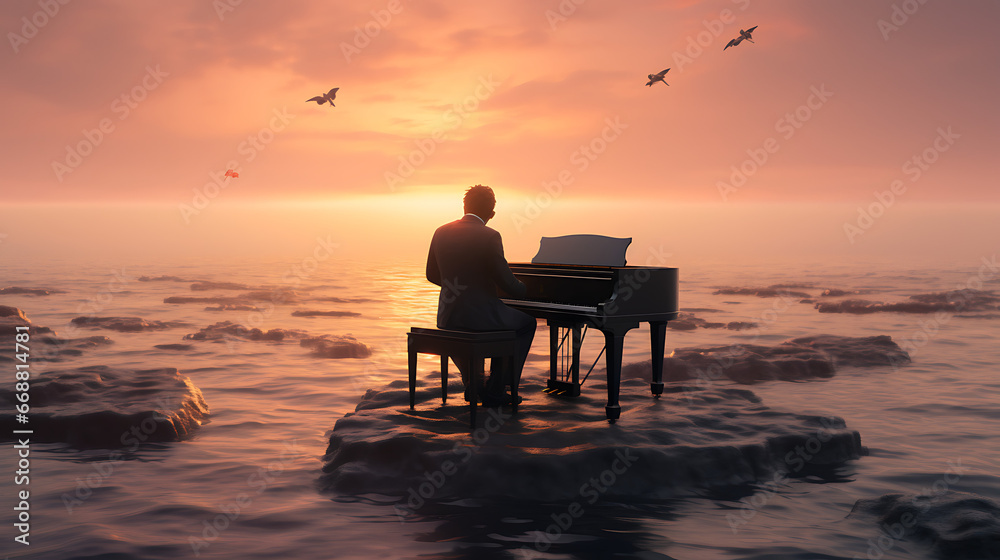 A pianist on the top of the ocean during sunrise