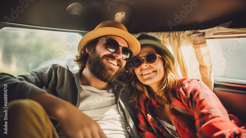 Hipster couple with dog traveling together on transport - Digital nomad concept with indie people romantic trip working at laptop pc in relax moment