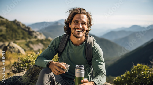 Young and attractive man sitting on rock outdoors enjoying a hot beverage in a reusable cup in the middle of nature photo