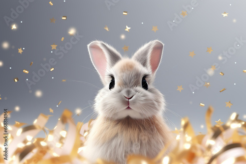 rabbit, streamers and glitter on light background, flat lay. Space for text