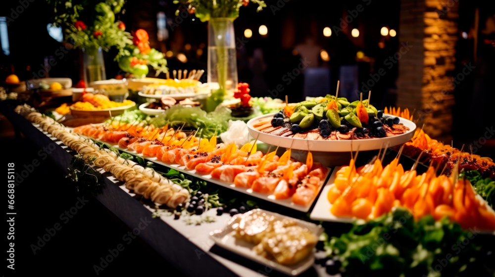 Catering plate. Assortment of snacks on the buffet table. AI generated