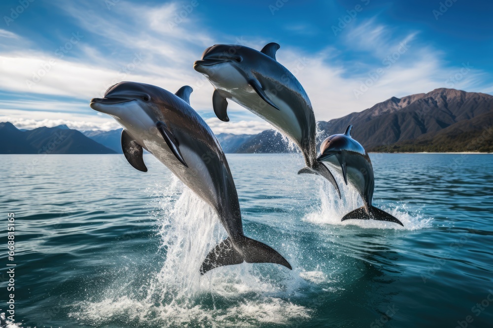 Energetic Pod Of Dolphins Joyfully Leaps Out Of Water Energetic Pod Of Dolphins Joyfully Leaps Out Of Water