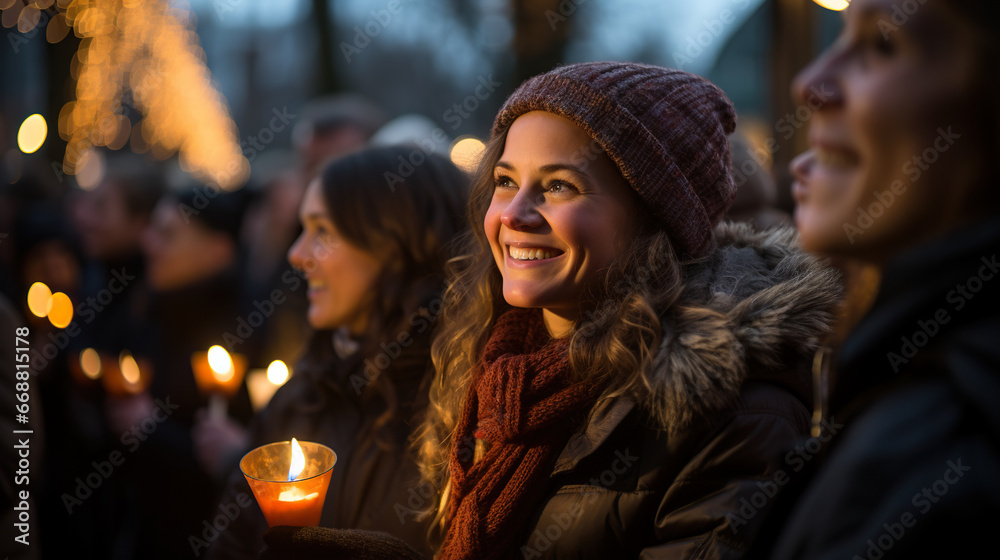 Christmas market and concert in city centre. Beauty woman enjoying event and hold candle. Beautiful decorations and glowing lights Christmas market and concert in city centre. Beauty woman enjoying event and hold candle. Beautiful decorations and glowing lights