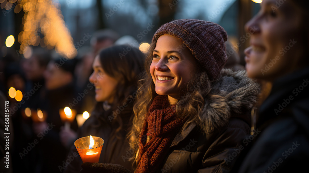 Christmas market and concert in city centre. Beauty woman enjoying event and hold candle. Beautiful decorations and glowing lights