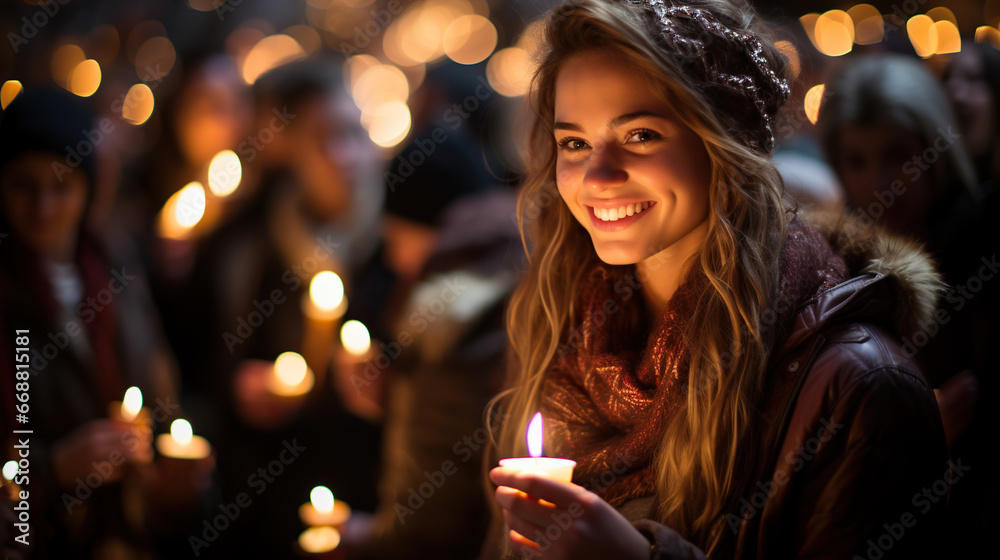 Christmas market and concert in city centre. Beauty woman enjoying event and hold candle. Beautiful decorations and glowing lights Christmas market and concert in city centre. Beauty woman enjoying event and hold candle. Beautiful decorations and glowing lights