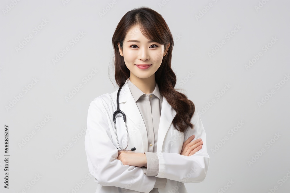 Female Doctor Smiling With Crossed Arms In White Background Female Doctor Smiling With Crossed Arms In White Background