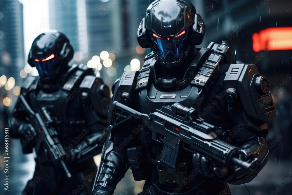 Futuristic Police Officers In Advanced Combat Gear Embodying Security