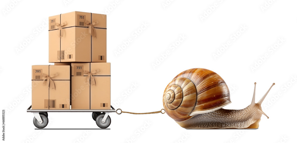 Snail mail- Schneckenpost - metaphor. Slow parcel delivery, delayed shipping of parcels, delayed logistics problem and shipping delay because of a snail that is too slow. - obrazy, fototapety, plakaty 