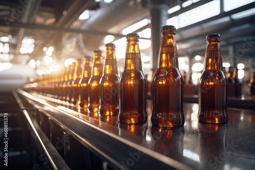 Glass Brown Bottles Of Beer On Conveyor Belt