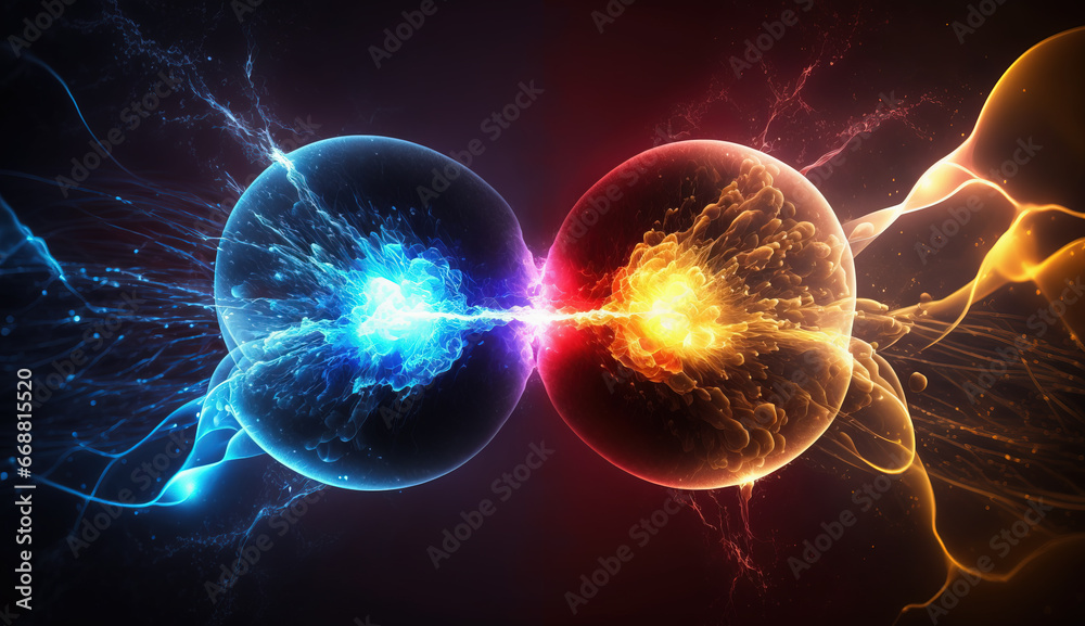 Blue and orange electrical particles of opposite charge colliding and interacting in dark space. Scientific concept, digital illustration. Blue and orange electrical particles of opposite charge colliding and interacting in dark space. Scientific concept, digital illustration.