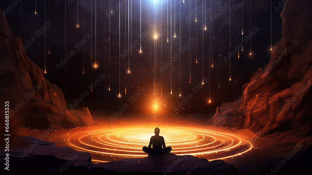 Silhouette of a person meditating in a sacred space filled with golden ...