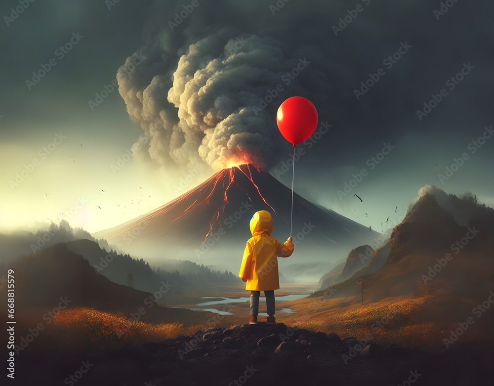 A little boy in a yellow T-shirt holds a balloon next to a volcano. - obrazy, fototapety, plakaty 
