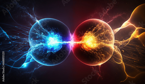 Blue and orange electrical particles of opposite charge colliding and interacting in dark space. Scientific concept  digital illustration.