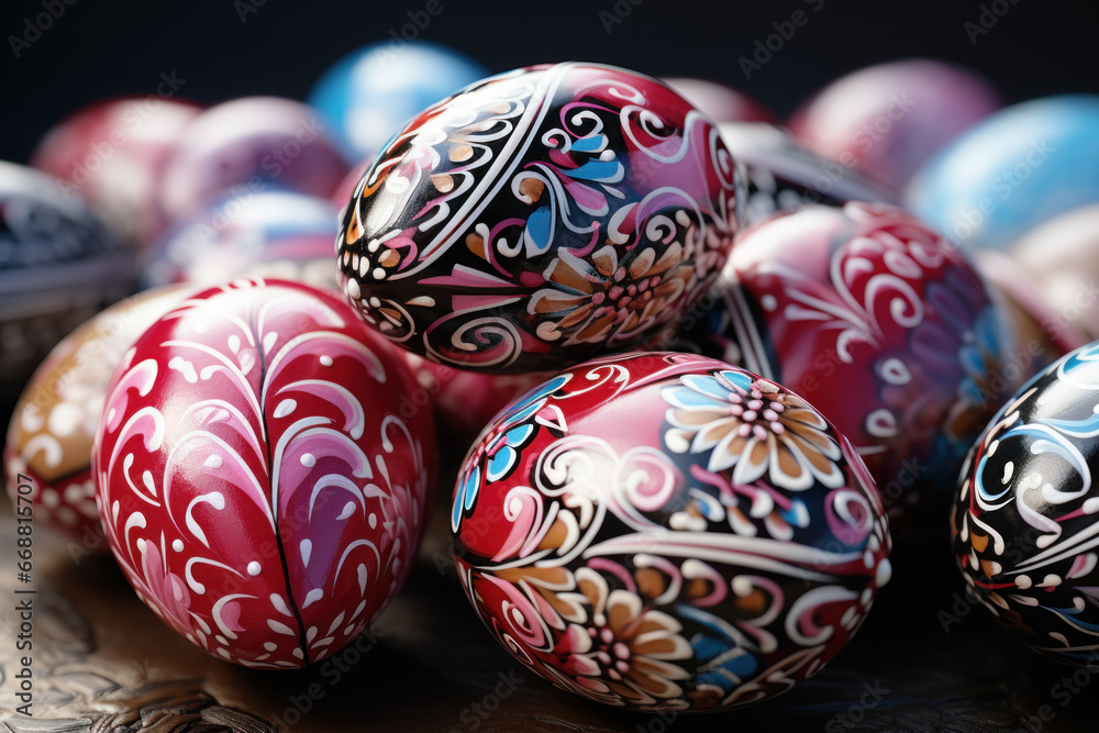Beautifully painted colorful Easter eggs with intricate designs. Beautifully painted colorful Easter eggs with intricate designs.