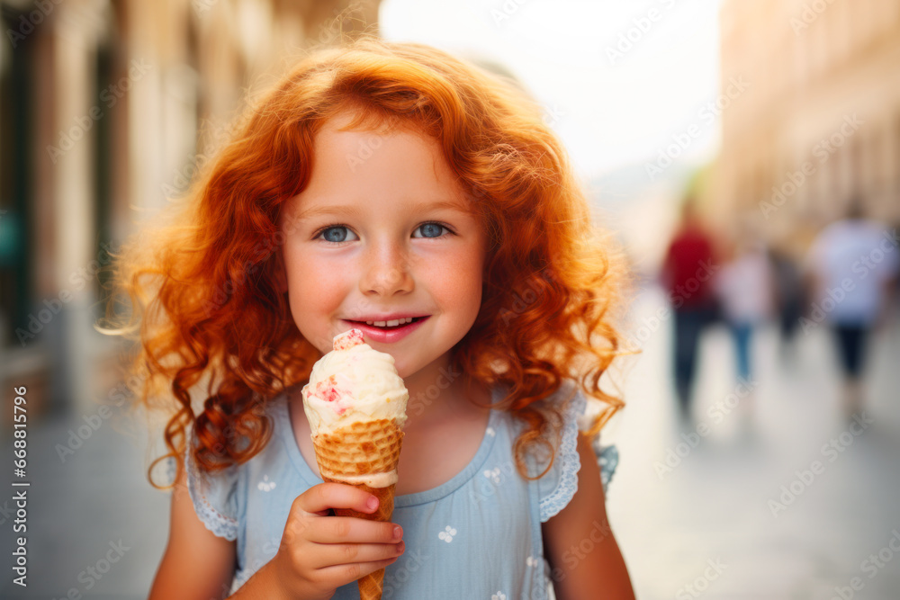 Happy young girl with red hair enjoying an ice cream Happy young girl with red hair enjoying an ice cream