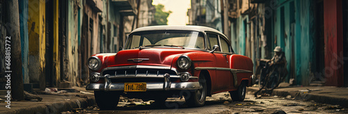 Caribbean Time Capsule: An Old Car on Haitian or Cuban Street Poster, Capturing the Timeless Rhythm of Vintage Veins Amidst Tropical Tales, Crafted by Generative AI © BigMindOutfit