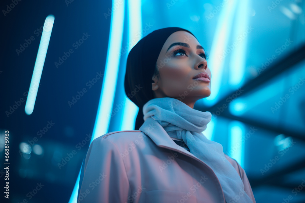 Woman in hijab looking up on neon blue lights background Woman in hijab looking up on neon blue lights background