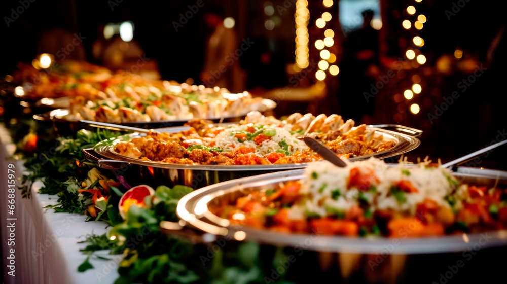 Fototapeta premium Catering plate. Assortment of snacks on the buffet table. AI generated