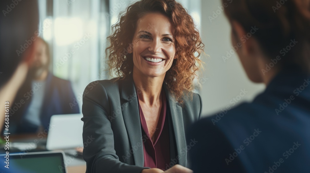 An upbeat, middle-aged businesswoman who is a manager is seen shaking hands during an office meeting. She's greeting a smiling female HR professional conducting a job interview - obrazy, fototapety, plakaty 