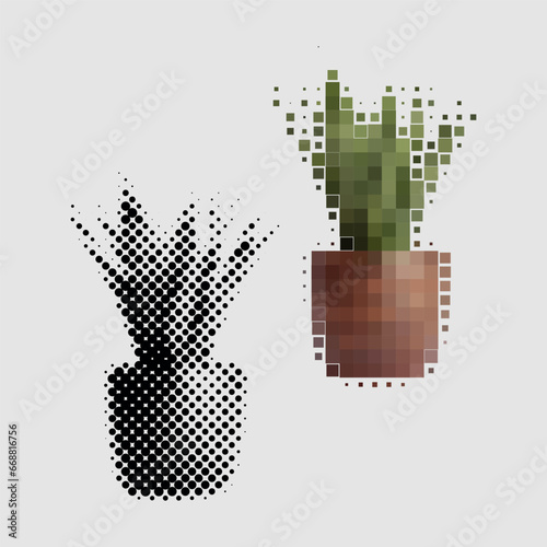 Aloe Vera houseplant bush growing in pot to decorate home interior. Room plant with green petals. Aloe Vera homeplant made of colored and black and white dots different sizes. Gardening, floriculture