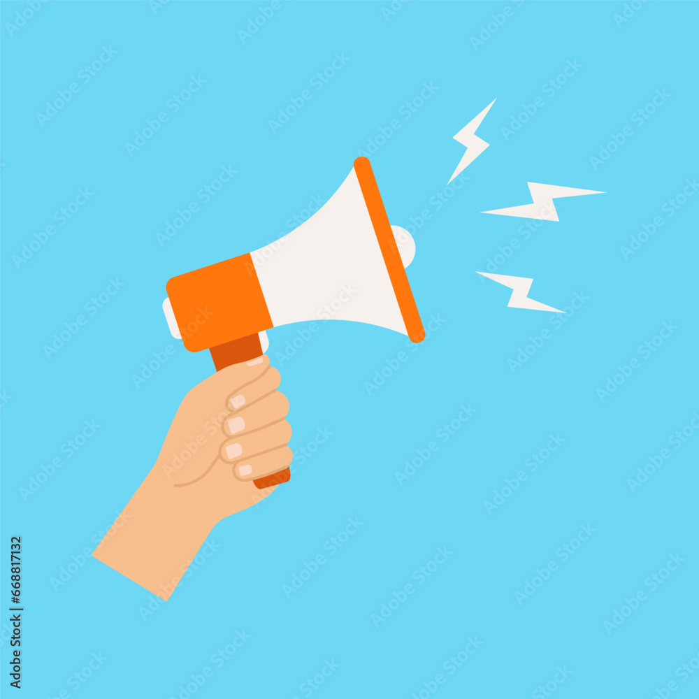 Hand holding megaphone. Vector illustration. Flat design. Hand holding megaphone. Vector illustration. Flat design.
