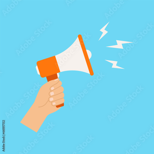Hand holding megaphone. Vector illustration. Flat design.	