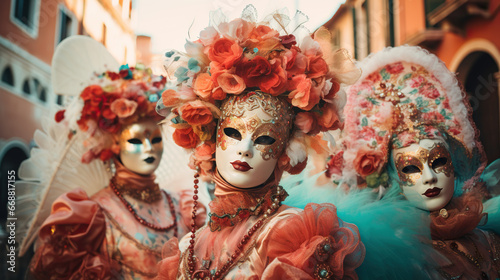 Venice Carnival characters in a colorful brown and gold Carnival costumes and masks Venice Italy