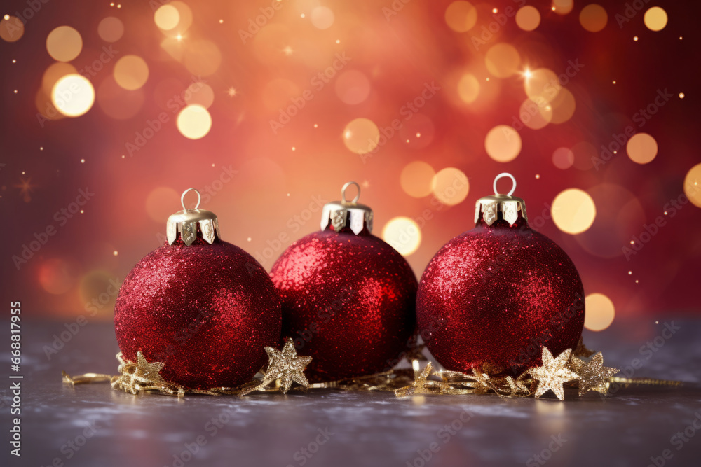 Red christmas balls with brown ornaments and bows on glitter bokeh backdrop. Christmas holiday and festive decoration concept. Generative AI Red christmas balls with brown ornaments and bows on glitter bokeh backdrop. Christmas holiday and festive decoration concept. Generative AI