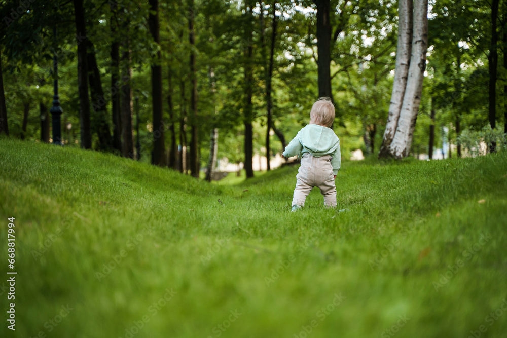 Cute blonde baby toddler in the park, there is a lot of green grass around. The concept of a happy childhood, a place for text