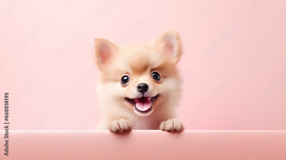  a small dog is peeking over a pink surface and smiling.  generative ai