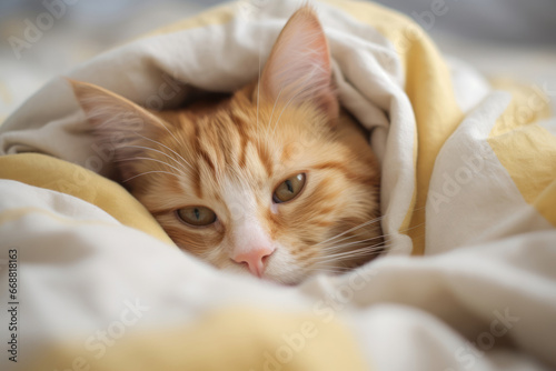 Cat lies under a blanket and sheets. Kitten in bed. Cat lies in bedding. Generative AI