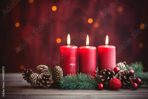 Red advent candles with natural Christmas decoration  branches and pine cones on rustic wooden surface. Generative AI