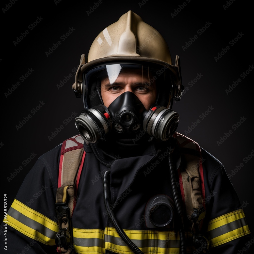 In the Face of Danger: A Portrait of a Fireman in Suit and Helmet with Gas Mask, Generative AI
