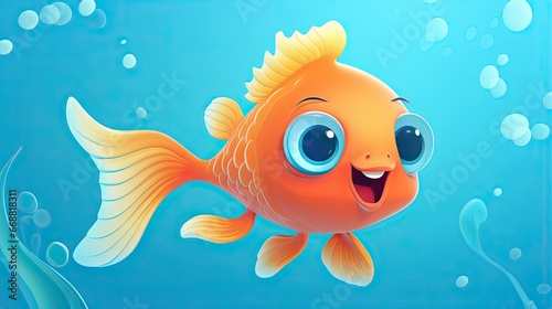  a gold fish with big blue eyes swimming in the water. generative ai