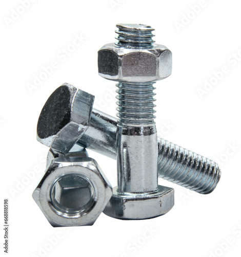 Set of large steel bolts with nuts in close-up on a transparent background