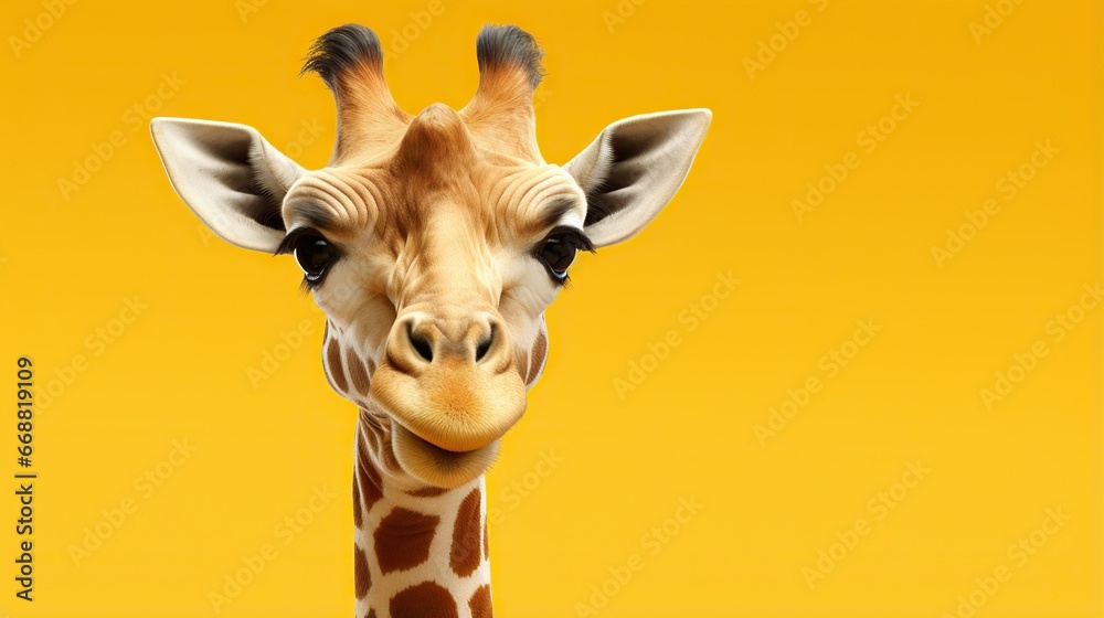  a close up of a giraffe's head against a yellow background.  generative ai
