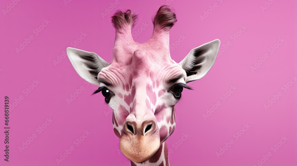  a close up of a giraffe with a pink background.  generative ai