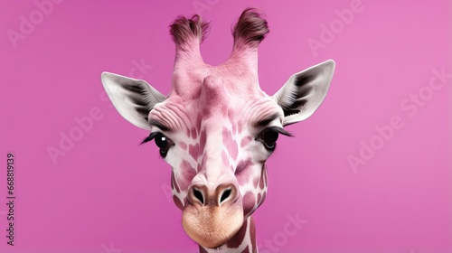  a close up of a giraffe with a pink background. generative ai