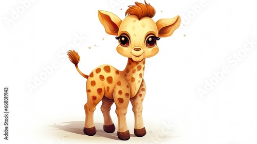  a baby giraffe standing on a white background with a brown spot.  generative ai