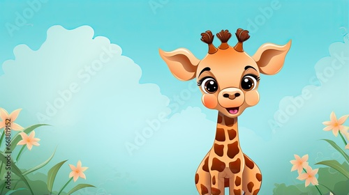  a cartoon giraffe standing in a field of flowers. generative ai