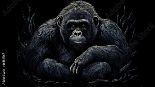  a gorilla sitting in the middle of a dark forest with his hands on his chest.  generative ai © Nadia