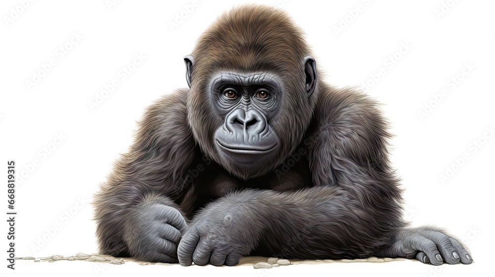 a drawing of a gorilla sitting on a white background with his hands on his knees. generative ai a drawing of a gorilla sitting on a white background with his hands on his knees. generative ai