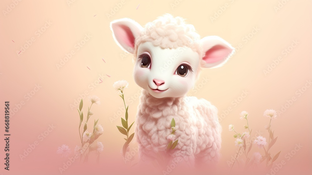 a white sheep standing in a field of flowers with a pink background. generative ai a white sheep standing in a field of flowers with a pink background. generative ai