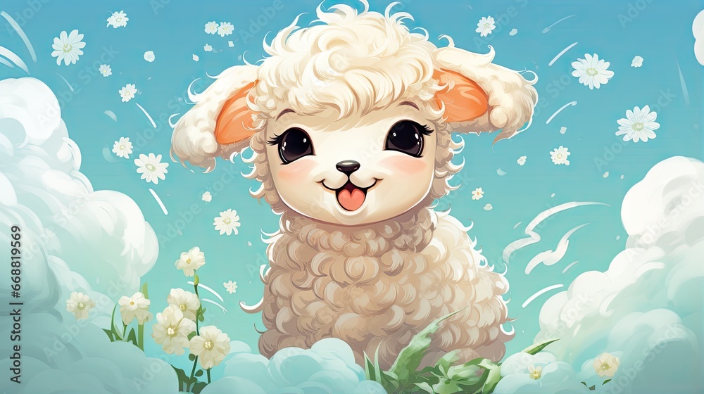  a cartoon of a sheep in a field of daisies.  generative ai