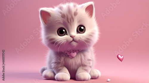 a white kitten sitting on top of a pink floor next to a heart. generative ai