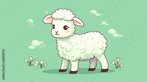  a cartoon sheep standing in a field of grass and flowers.  generative ai