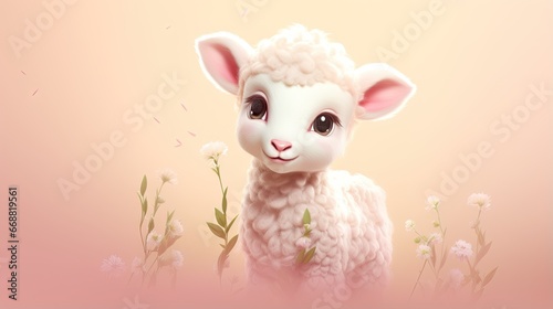  a white sheep standing in a field of flowers with a pink background. generative ai