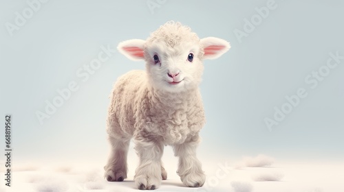  a small sheep standing on a white surface with a blue background. generative ai