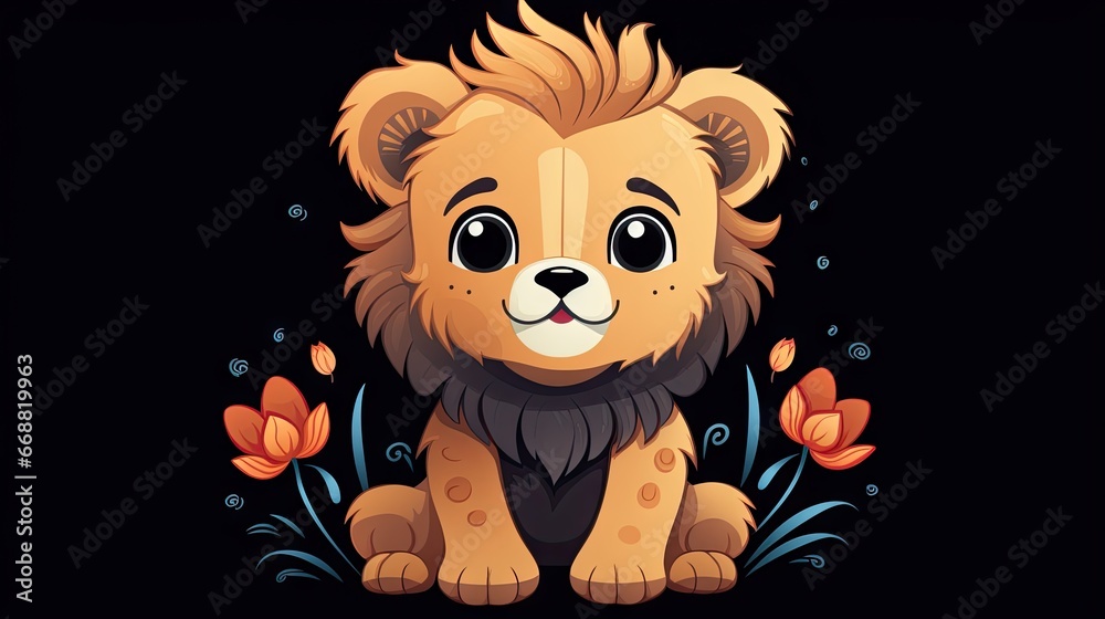 a cartoon lion sitting on a black background with tulips. generative ai a cartoon lion sitting on a black background with tulips. generative ai